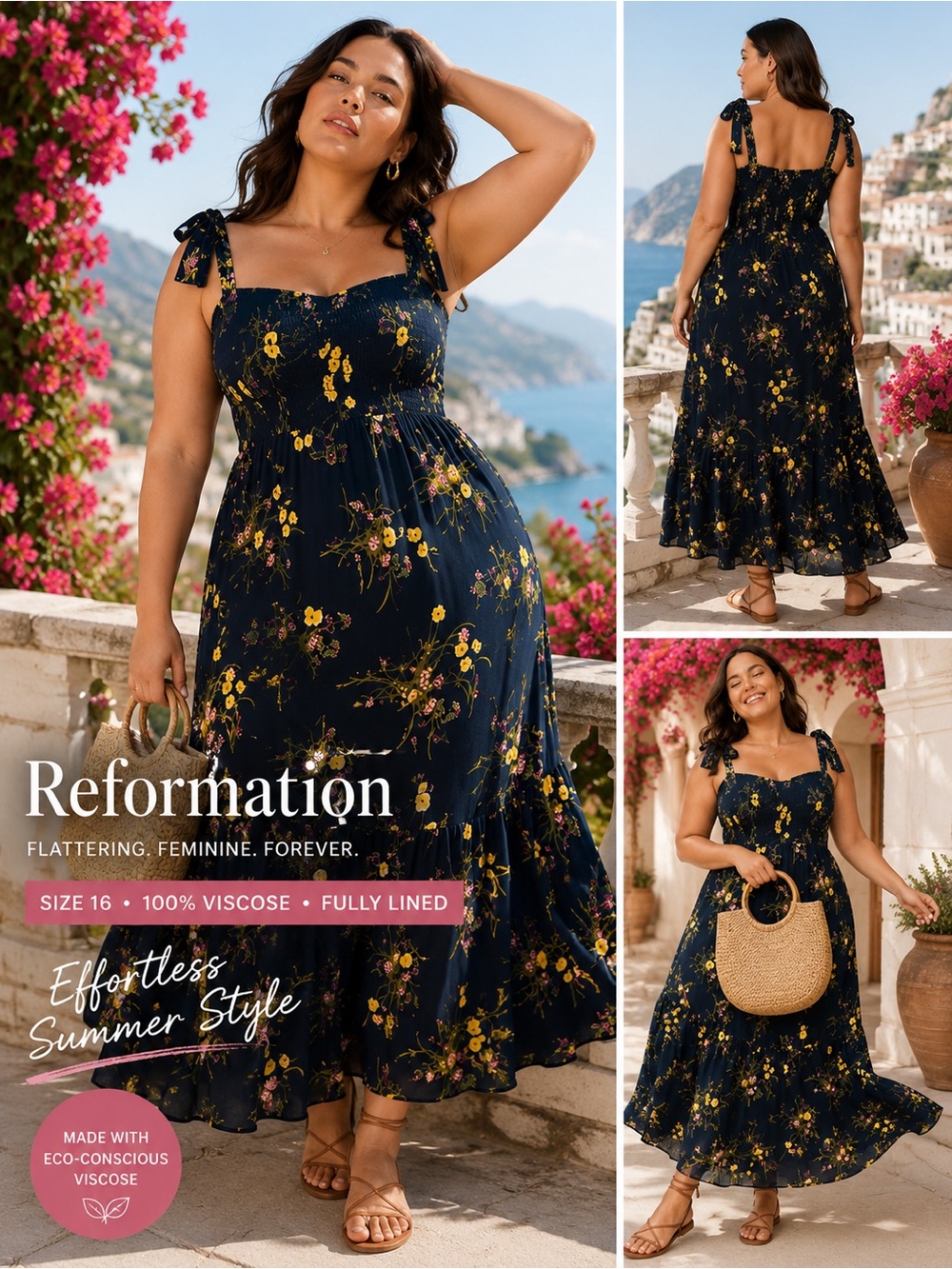Reformation Floral Maxi Dress Navy Blue Smocked Tie Strap Dress Size 16